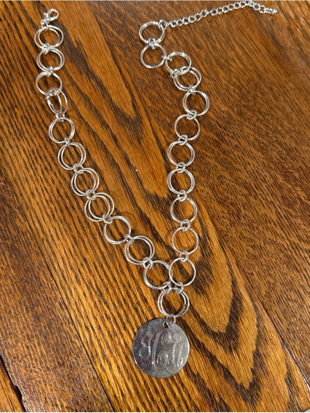 Silver Circle-Link Necklace with Round Monogram "JCH" Pendant - Women Jewelry